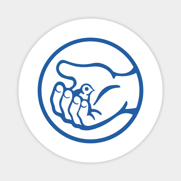 A small bird in a hand, as a symbol of care and compassion in blue ink Magnet by croquis design